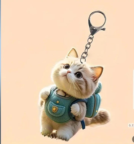 2D Flat, Cute Fluffy Kitten Backpack Keychain