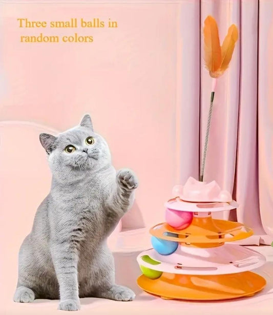 Indoor Cat Interactive Toy with Artificial Feathers and Three Small Balls