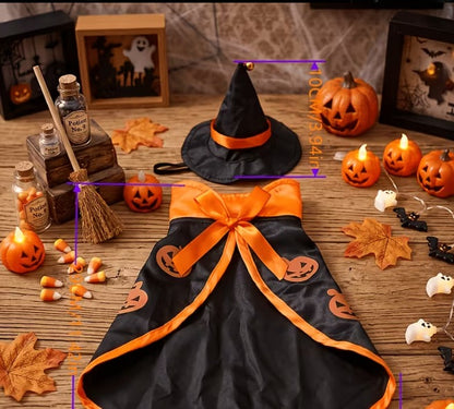 2-Pack Halloween Pet Witch Costume Set, Pumpkin Print Cape with Witch Hat