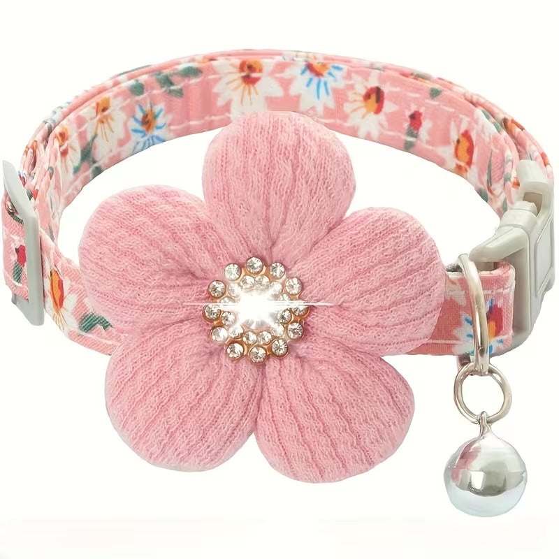 Floral Dog Collar with 3D Flower Charm and Detachable Bells