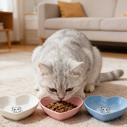 Heart-Shaped Cat Bowl Set with Kitten Pattern