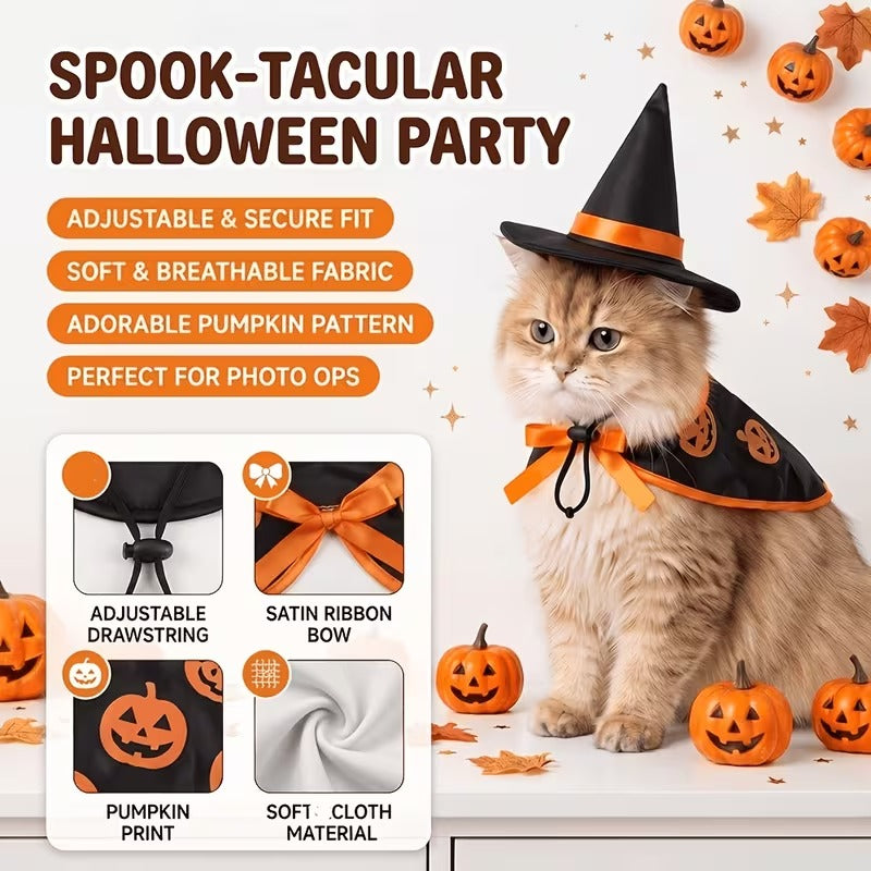 2-Pack Halloween Pet Witch Costume Set, Pumpkin Print Cape with Witch Hat