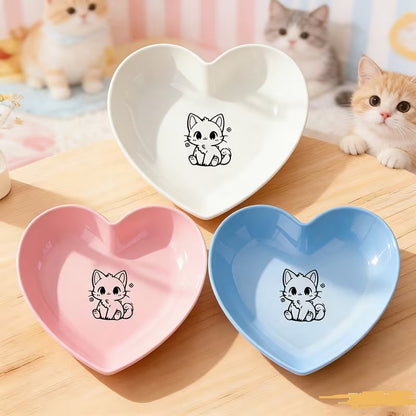 Heart-Shaped Cat Bowl Set with Kitten Pattern