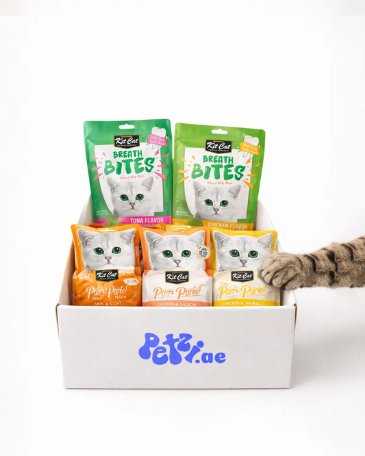 Kit Cat Cat Treats Bundle – Breath Bites Tuna & Chicken 60g + Purr Puree Chicken, Salmon, Skin & Coat & Hairball (8-Pack Variety)