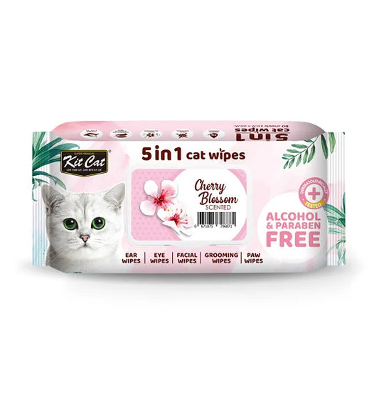 Kit Cat 5-in-1 Scented Cat Wipes - Cherry Blossom - 80 Sheets (15X20Cm)