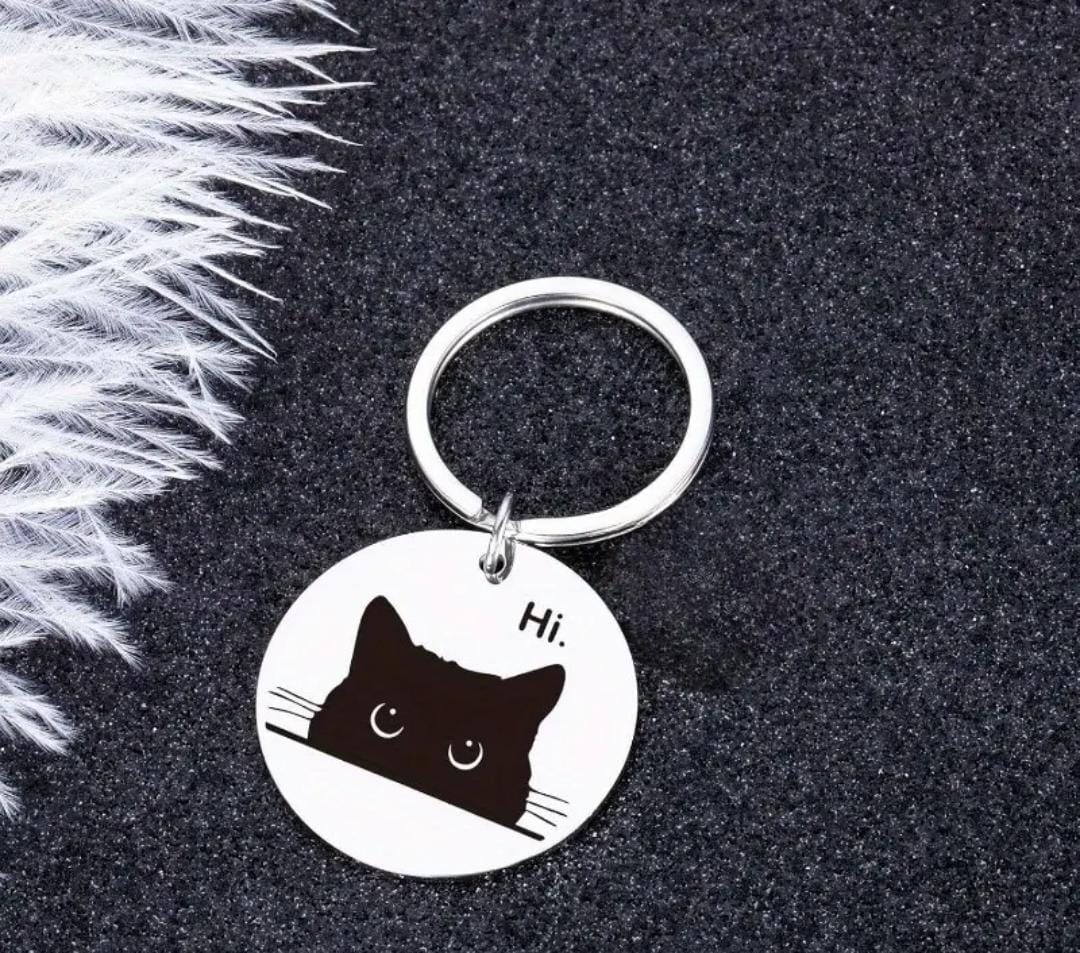 Funny Black Cat Keychain with "Hi" Design