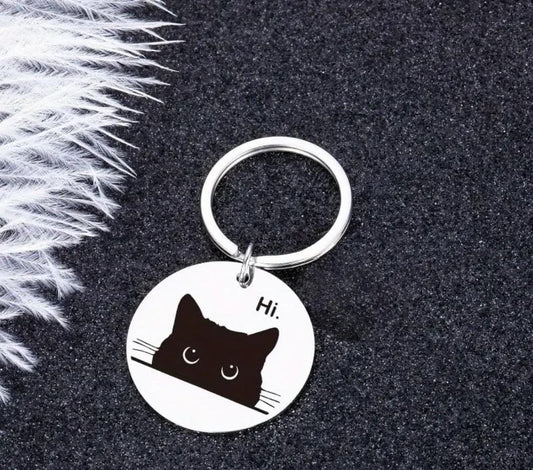 Funny Black Cat Keychain with "Hi" Design