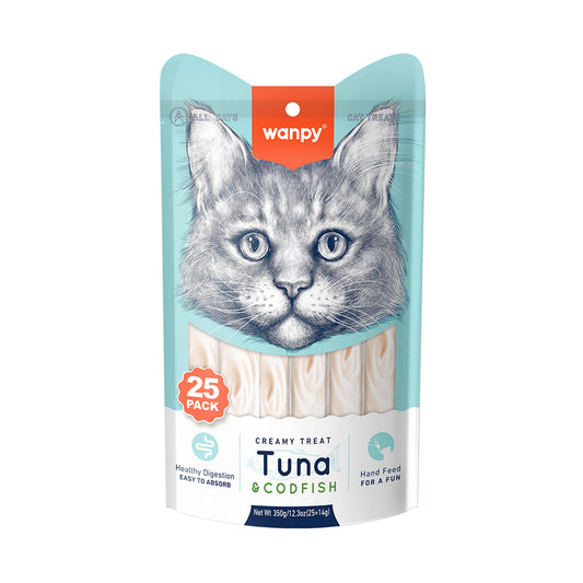 Wanpy Creamy Lickable Cat Treats – Tuna & Codfish (14g x 25pc)